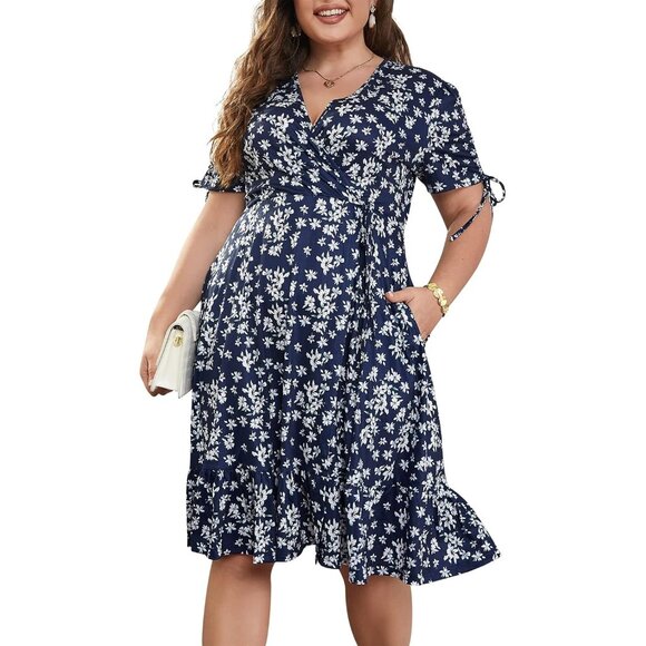 Plus Size Summer Wedding Guest Dress Boho Floral V Neck Pockets A Line - Picture 1 of 7